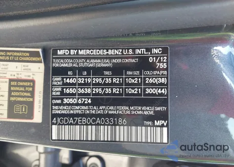 2012 Mercedes-Benz Ml 63 Amg 4Matic z USA, uszkodzony, nr VIN 4JGDA7EB0CA033186